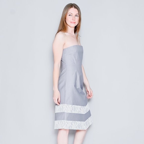 CALVIN LUO Gray Strapless Lace-Trim Dress NWT M - Picture 4 of 7